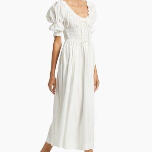 Doen White Puff-Sleeve Smocked Midi Dress